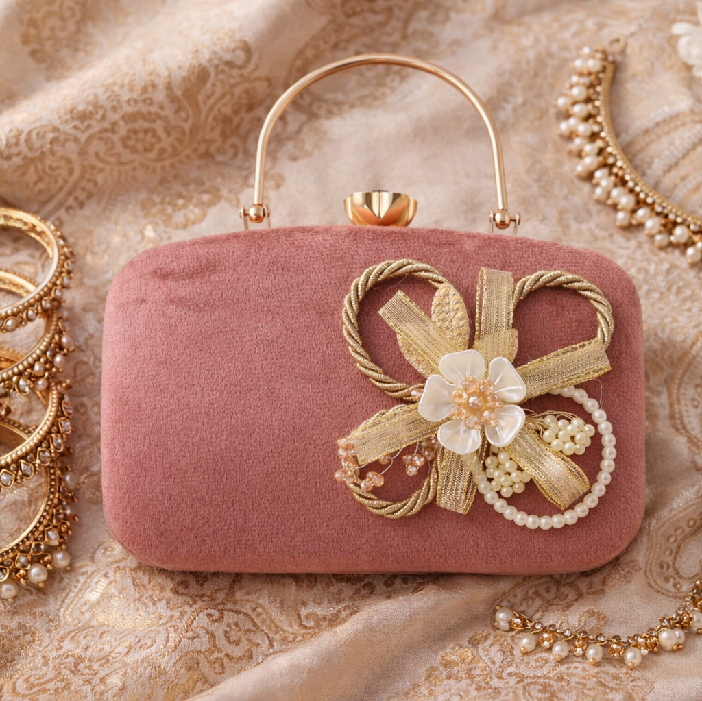 Velvet Floral Embellished Evening Clutch with Top Handle