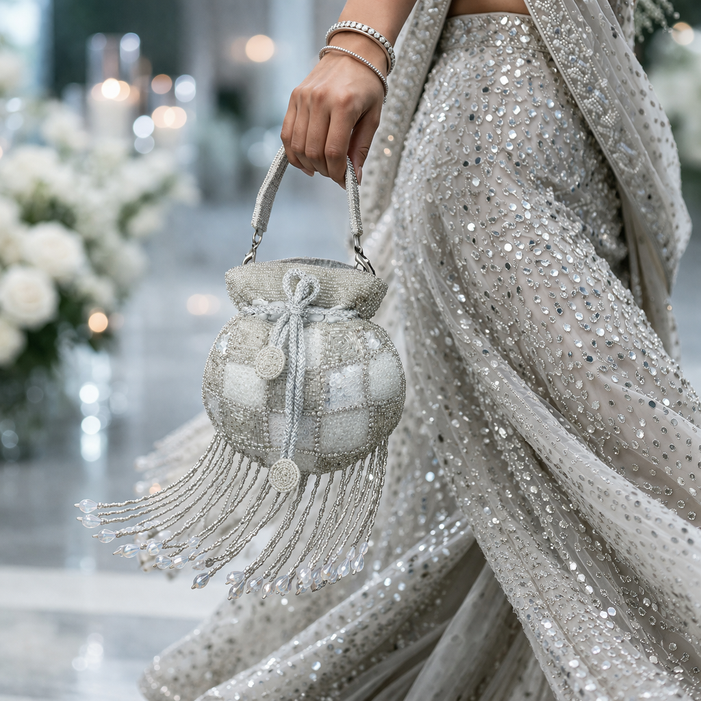 Hand-Beaded Checkerboard Mini Potli Bag with Sequin Accents