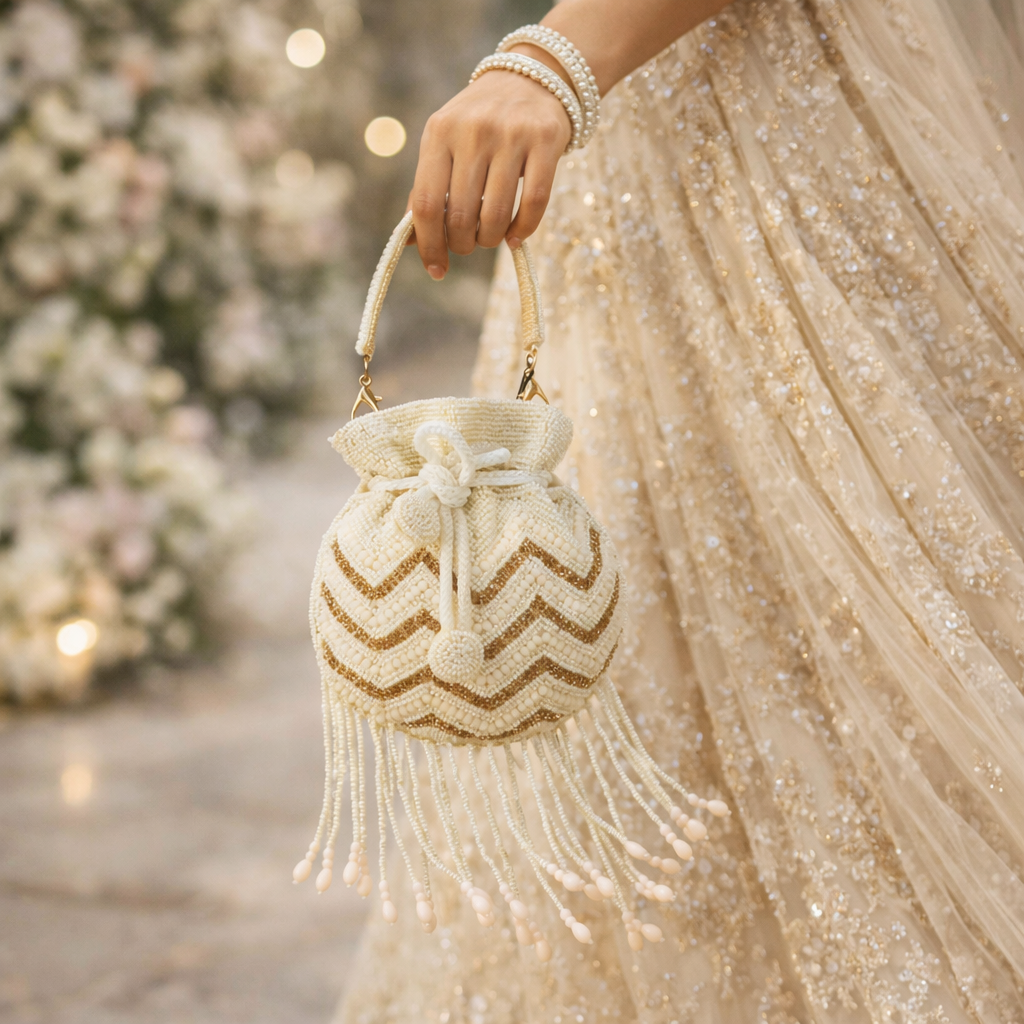 Ivory Hand-Beaded Chevron Mini Potli Bag with Elegant Fringe Tassels