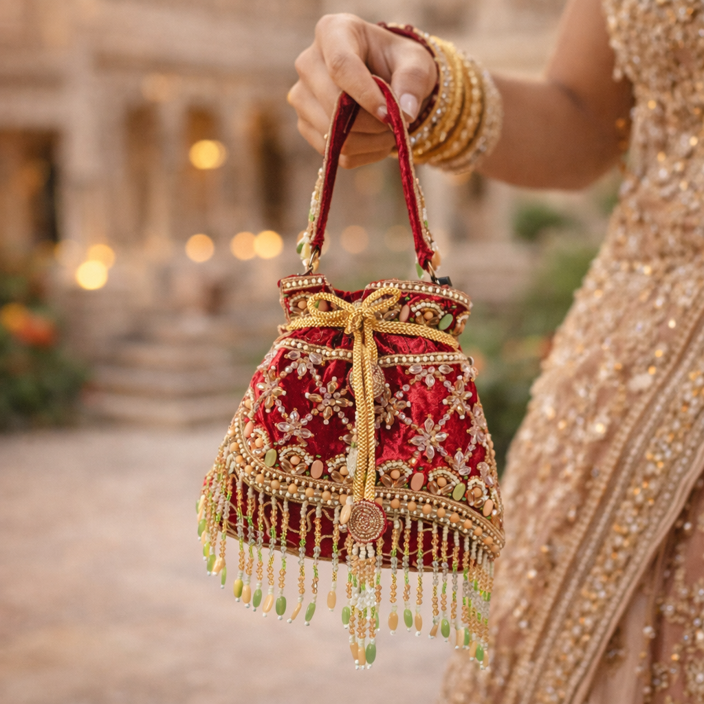 Hand-Embroidered Velvet Potli Bag with Beaded Fringe – Festive & Bridal