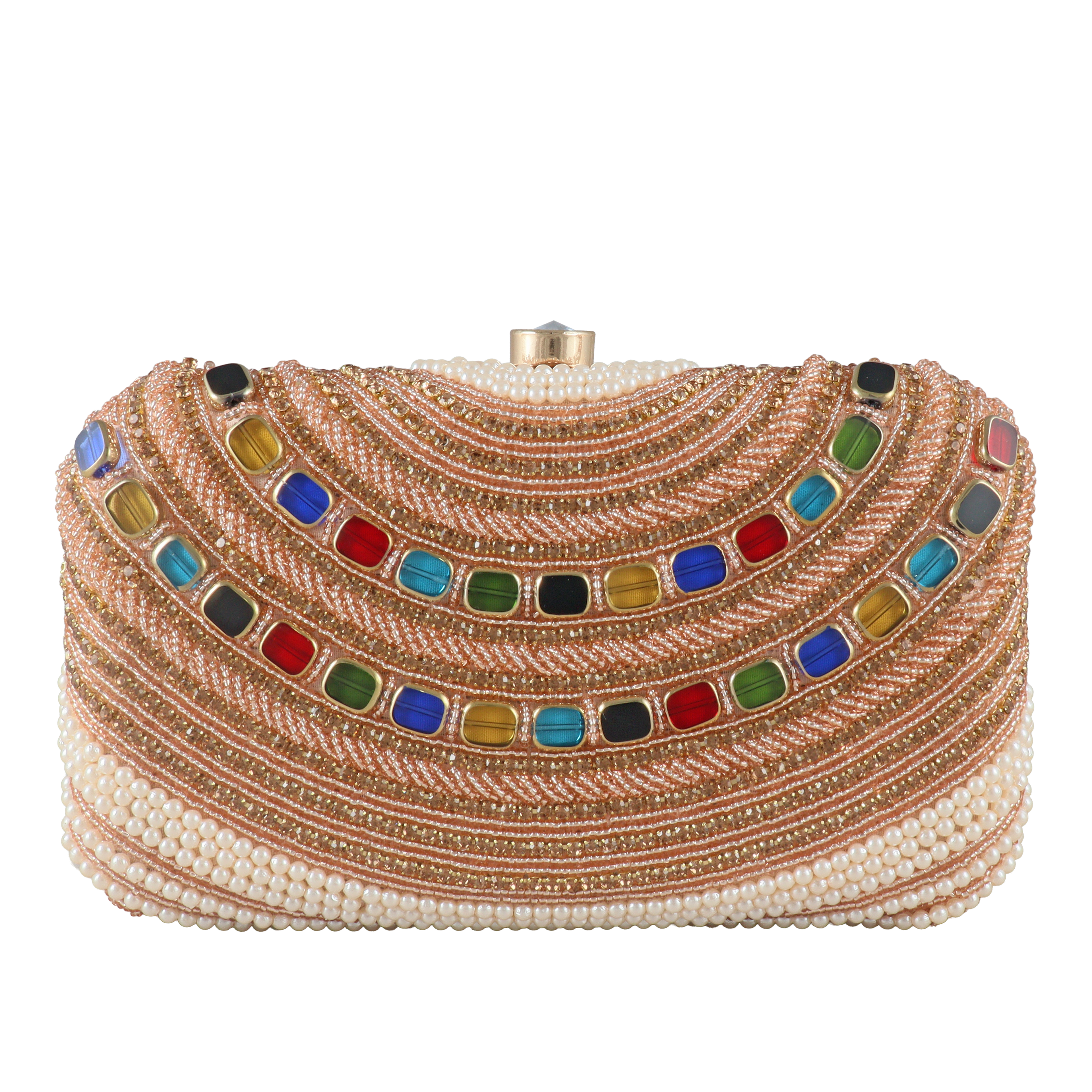 Elegant Pearl and Multi-Gemstone Embellished Evening Clutch Bag