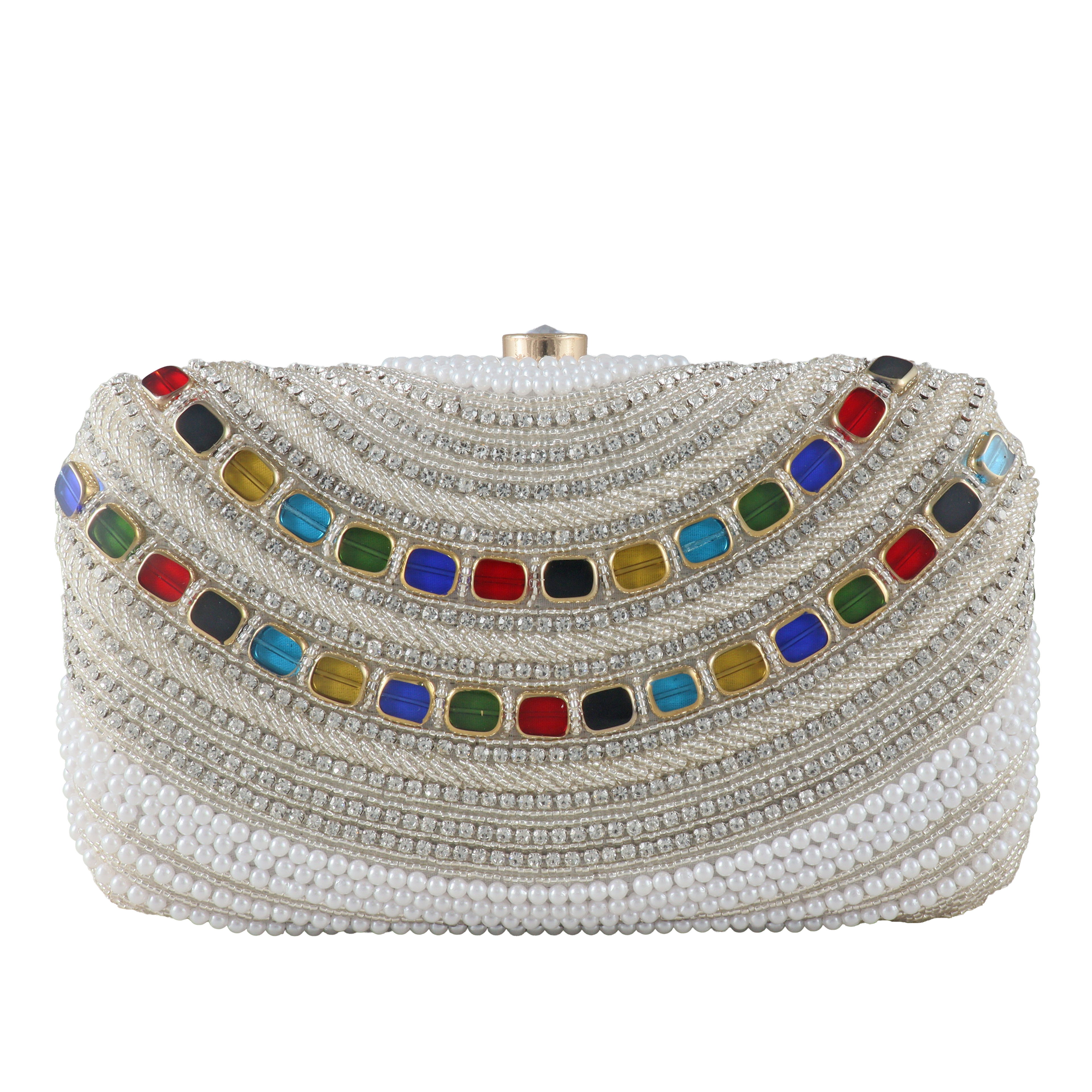 Elegant Pearl and Multi-Gemstone Embellished Evening Clutch Bag