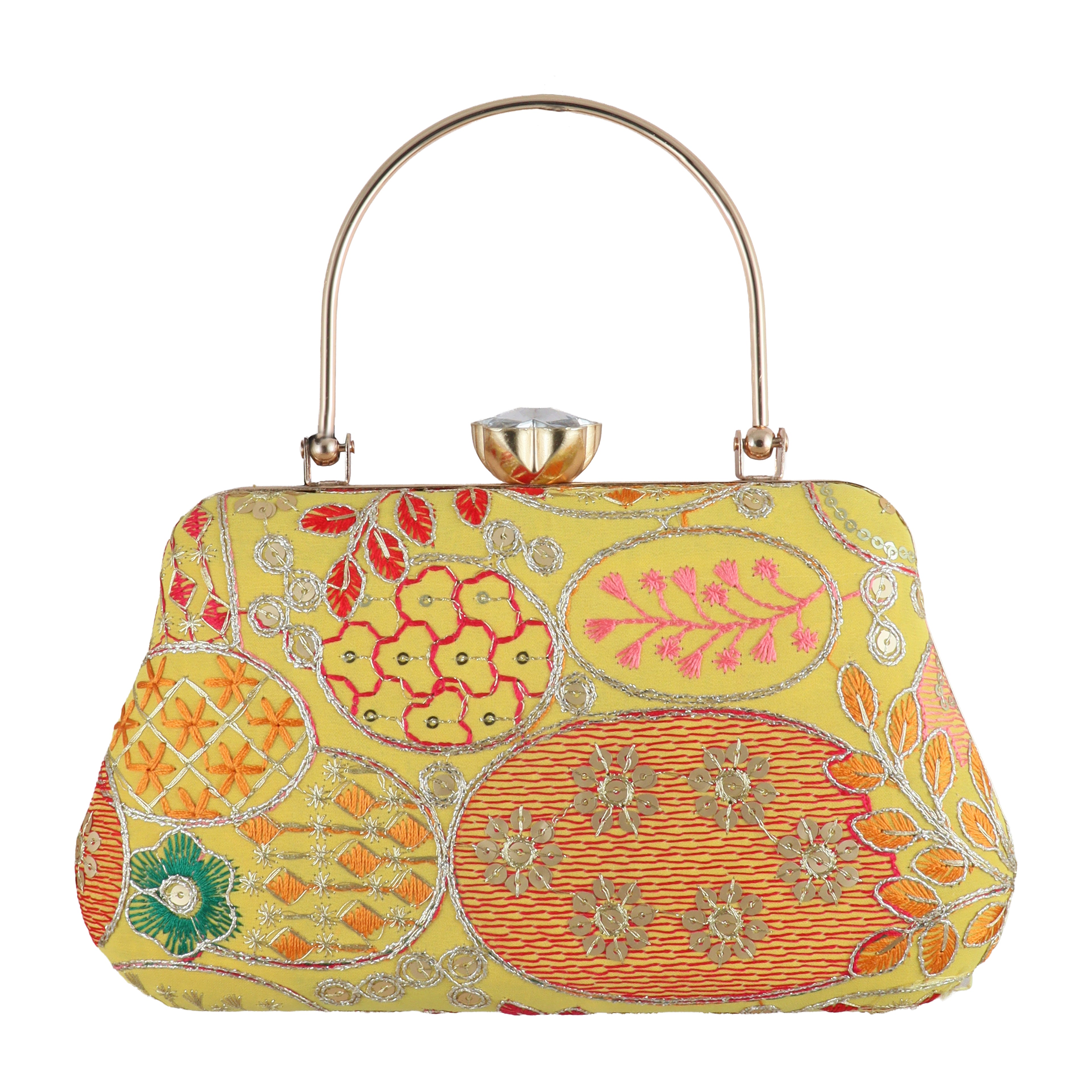 Vibrant Floral Embroidered Evening Clutch with Crystal Flower Clasp